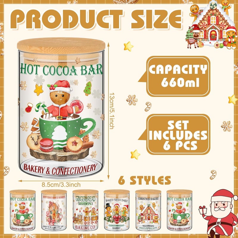 Shellwei 6 Pcs Christmas Glass Storage Jar with Airtight Bamboo Lid Gingerbread Man Clear Cookie Candy Storage Christmas Canister Set 19oz for Kitchen Containers Countertop Decoration - Image 3